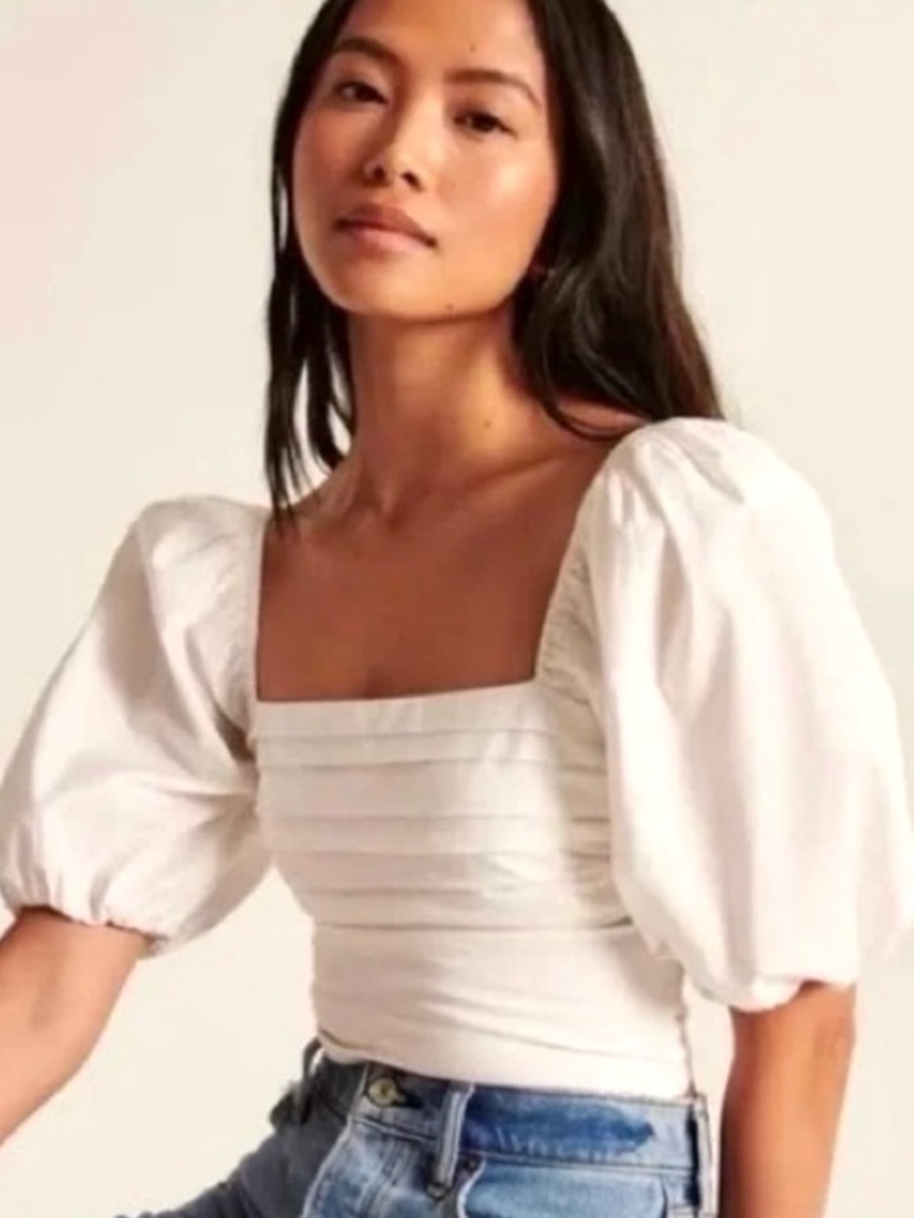 NWT Abercrombie & Fitch White Pleated Square Neck Puff Sleeve Top